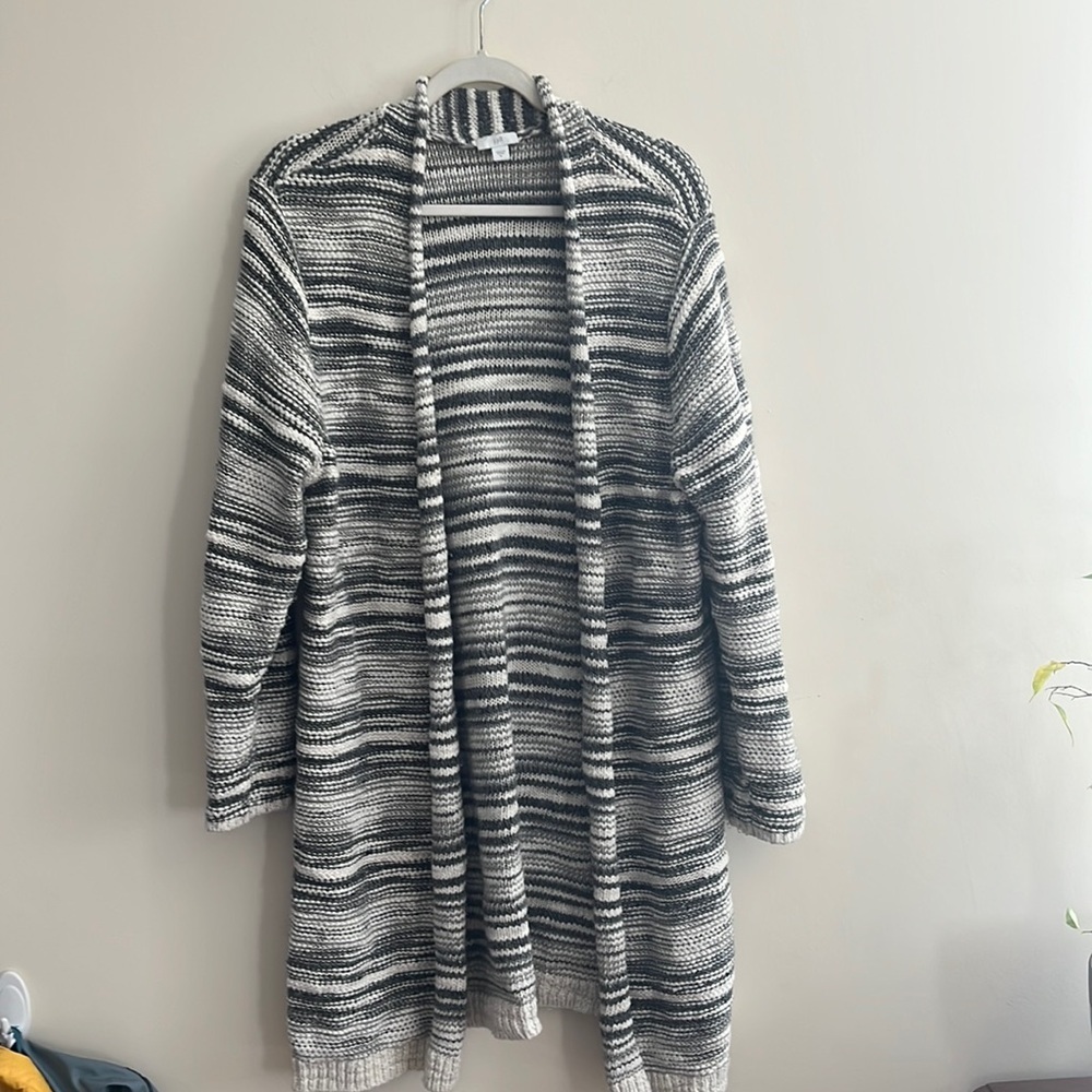 J Jill Open Cardigan Duster Office Gray White Metallic Casual Cozy Fall Winter‎